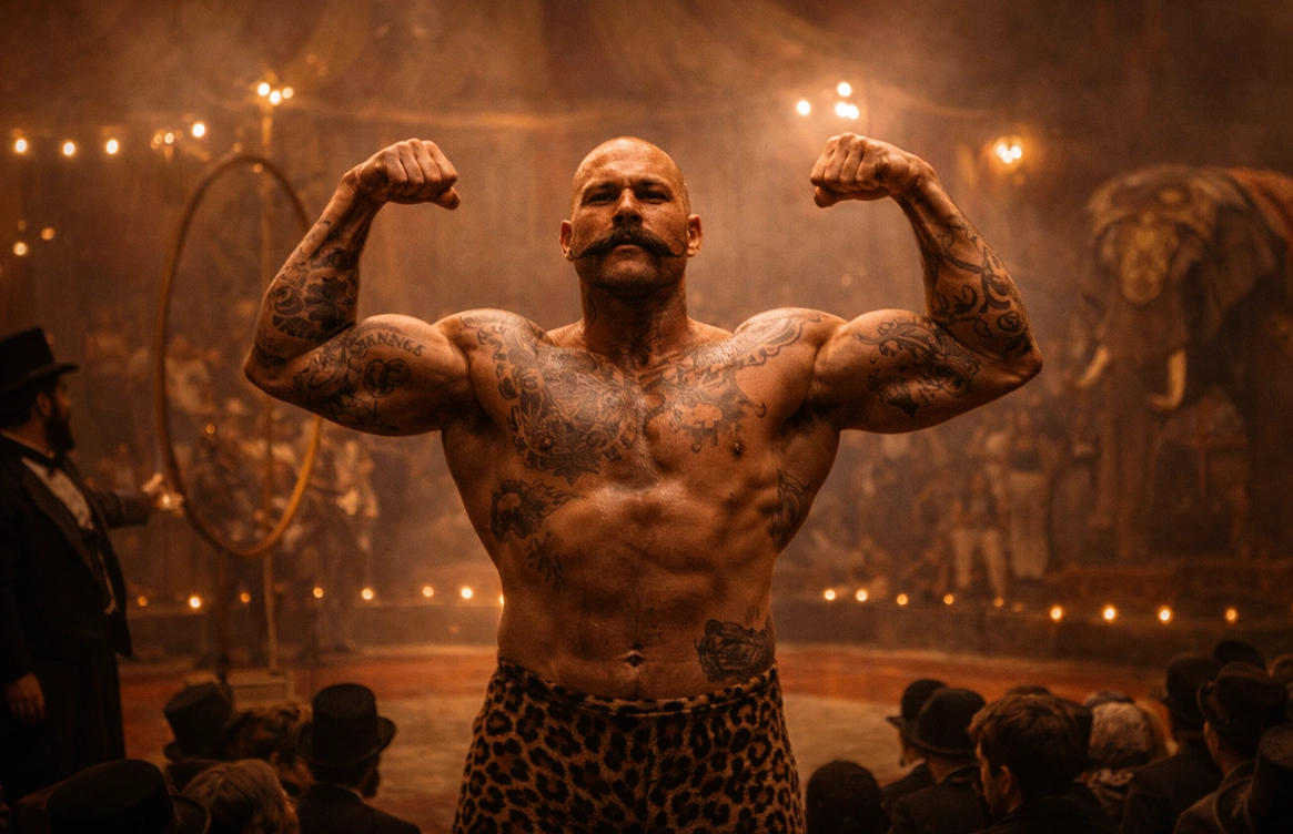 The strongman flexes his powerful muscles